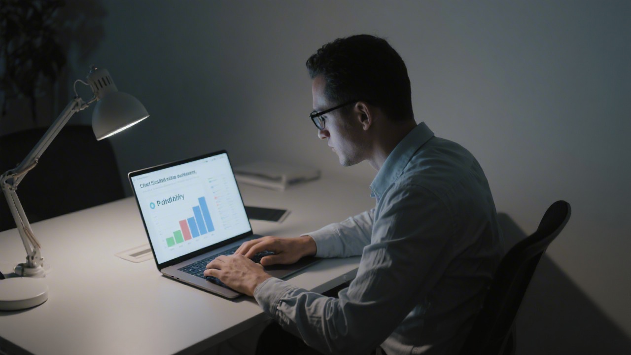 Business consultant working late in a minimalist office, studying profitability metrics on a laptop that emphasizes client billing transparency in professional services