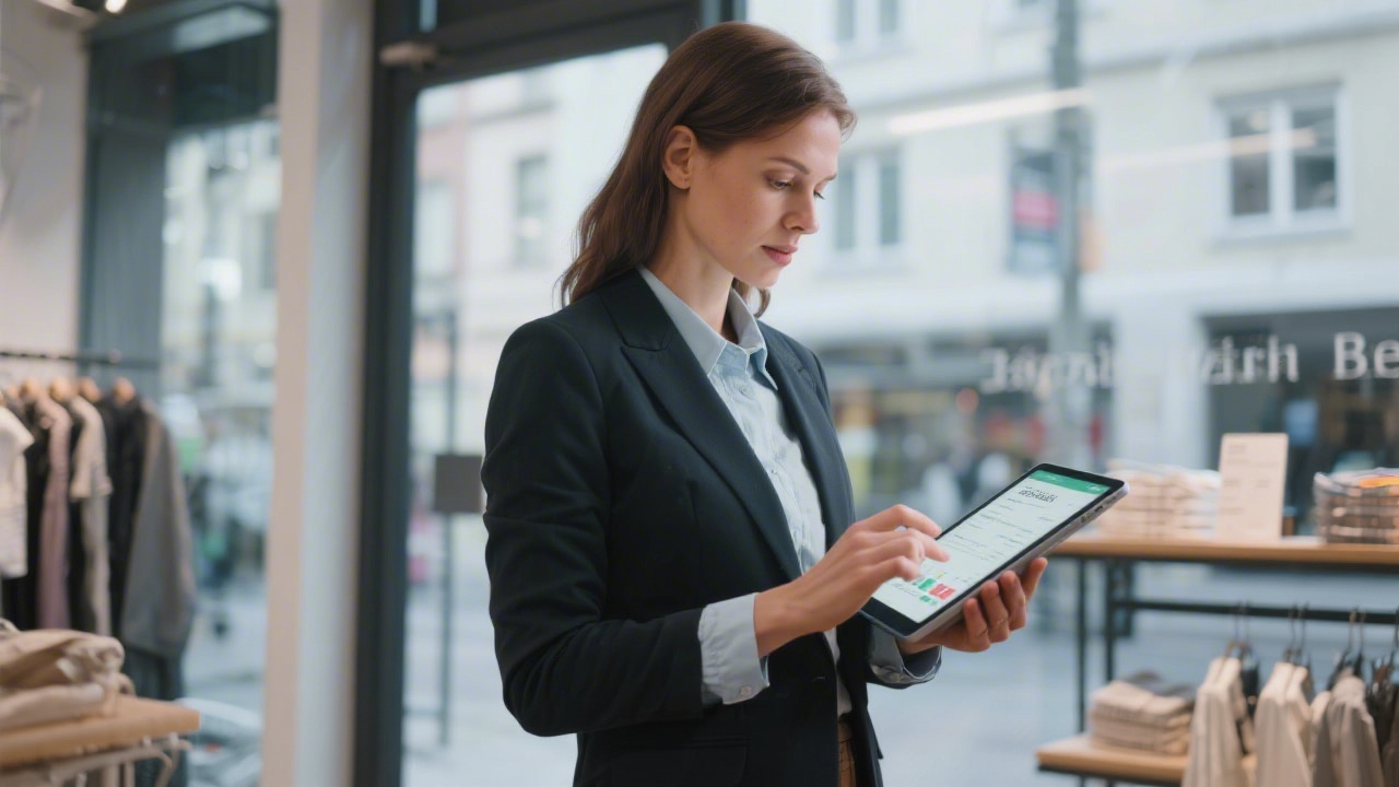 Lifestyle photography of a boutique retail manager reviewing sales receipts and inventory insights on a tablet while standing in a modern Berlin storefront