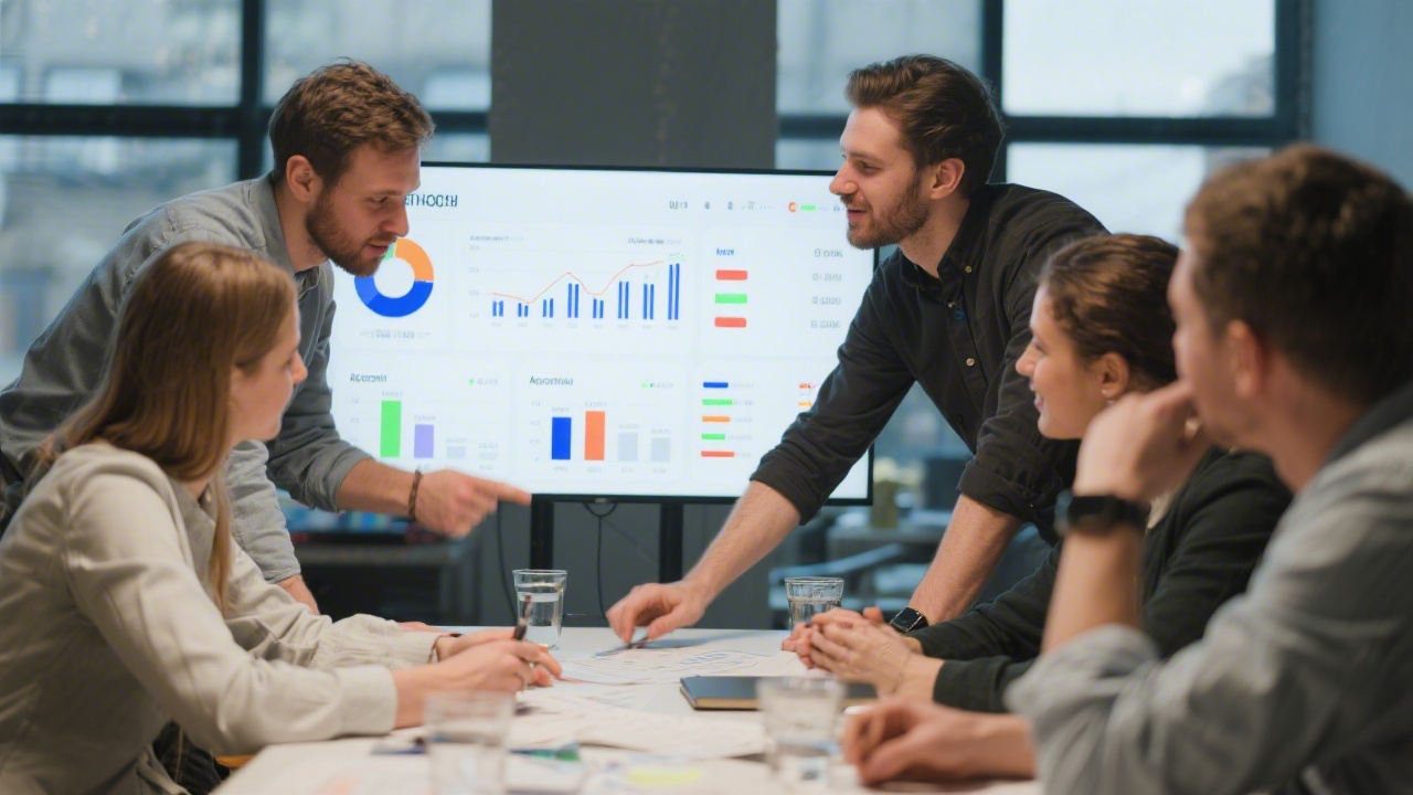 Dynamic team of startup founders collaborating over projected financial dashboards during a strategy workshop, illustrating agile decision making supported by automated accounting data