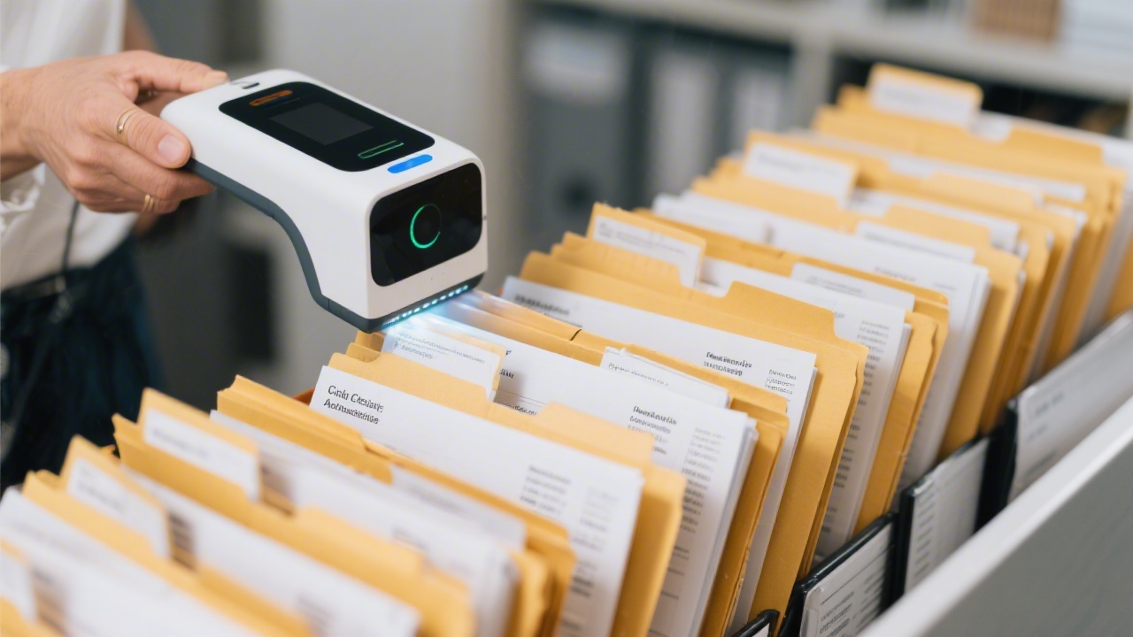 Professional photograph of multiple invoice folders being scanned by a compact device symbolizing automated document capture workflows for German small businesses using secure cloud-based accounting