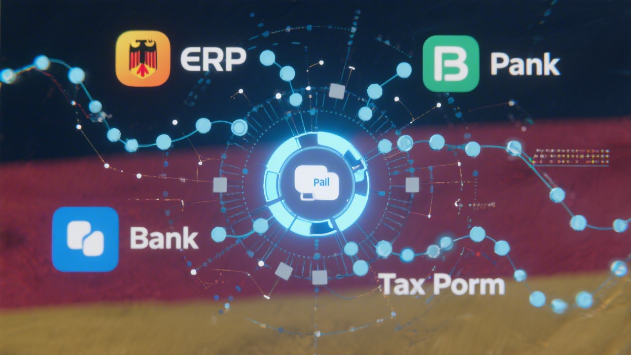 Conceptual graphic showing interconnected business software logos flowing into a central accounting hub to depict seamless integrations between ERP, payroll, banking, and tax platforms in Germany