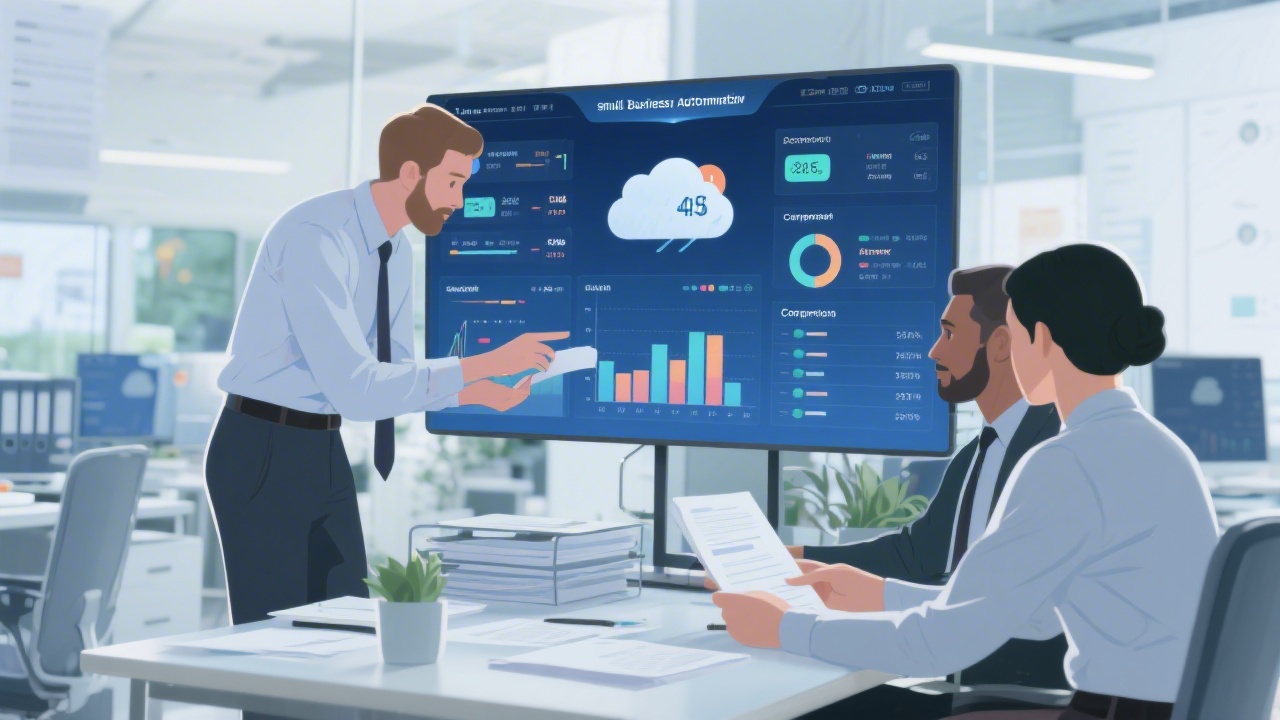High resolution digital illustration of accountants analyzing a cloud-based dashboard with charts, highlighting small business finance automation and compliant document management in a bright modern office