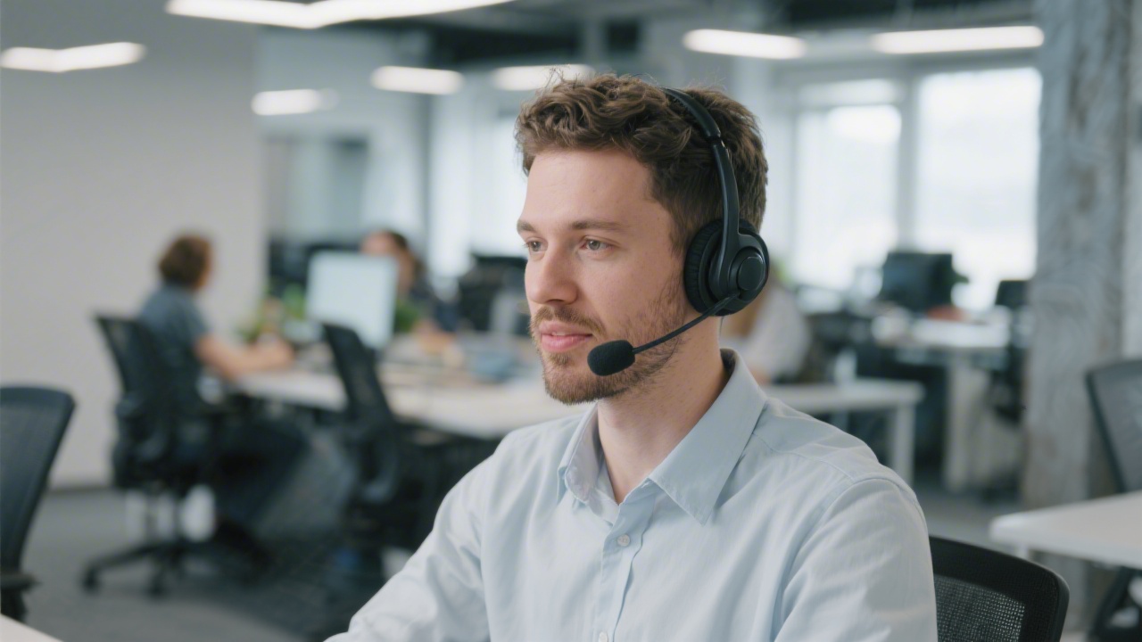 Customer success specialist wearing a headset in a collaborative workspace, symbolizing responsive onboarding assistance and knowledgeable product guidance for new clients